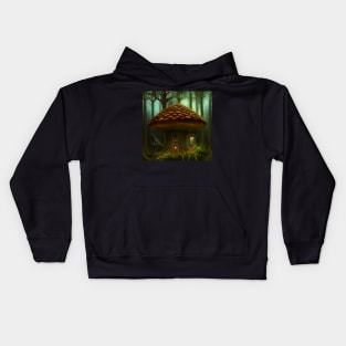 Magical Big Cottage Mushroom House with Lights in Forest with High Trees, Mushroom Aesthetic Kids Hoodie